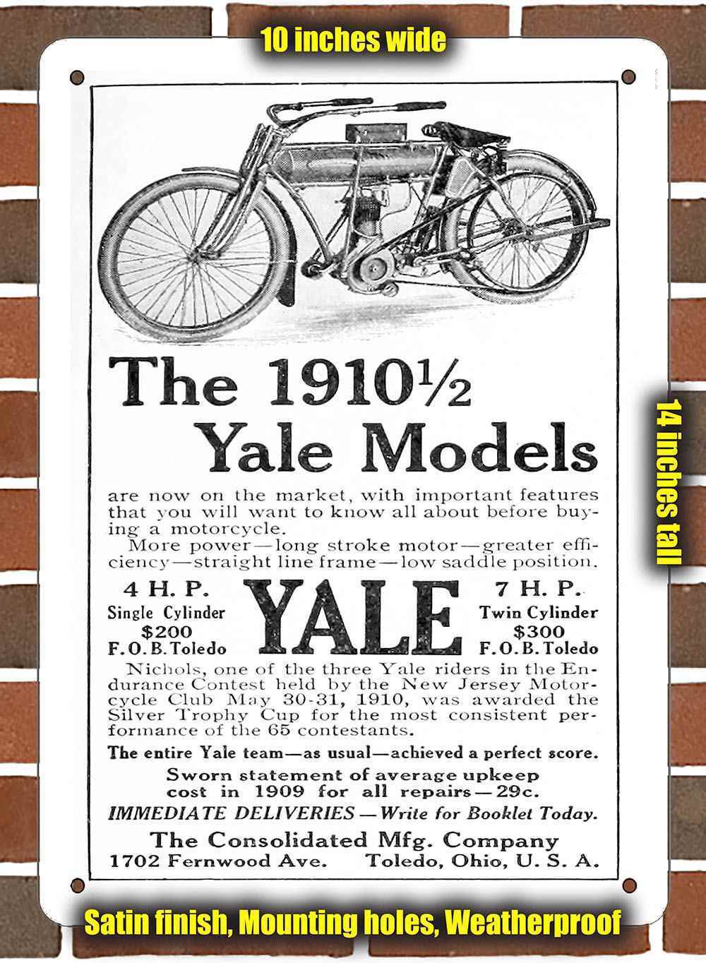 Metal Sign - 1910 Yale Motorcycles- 10x14 inches