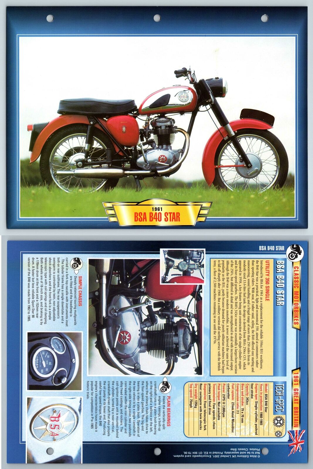 BSA B40 Star - 1961 - Classic Motorbikes - Atlas Motorbike Fact File Card
