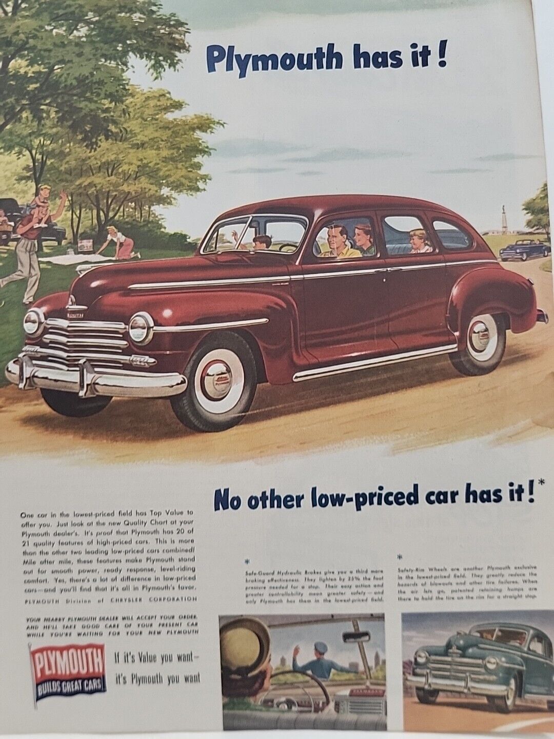 1953 Plymouth Automobile Holiday Print Ad Chrysler Picnic Park Dog Squirrel