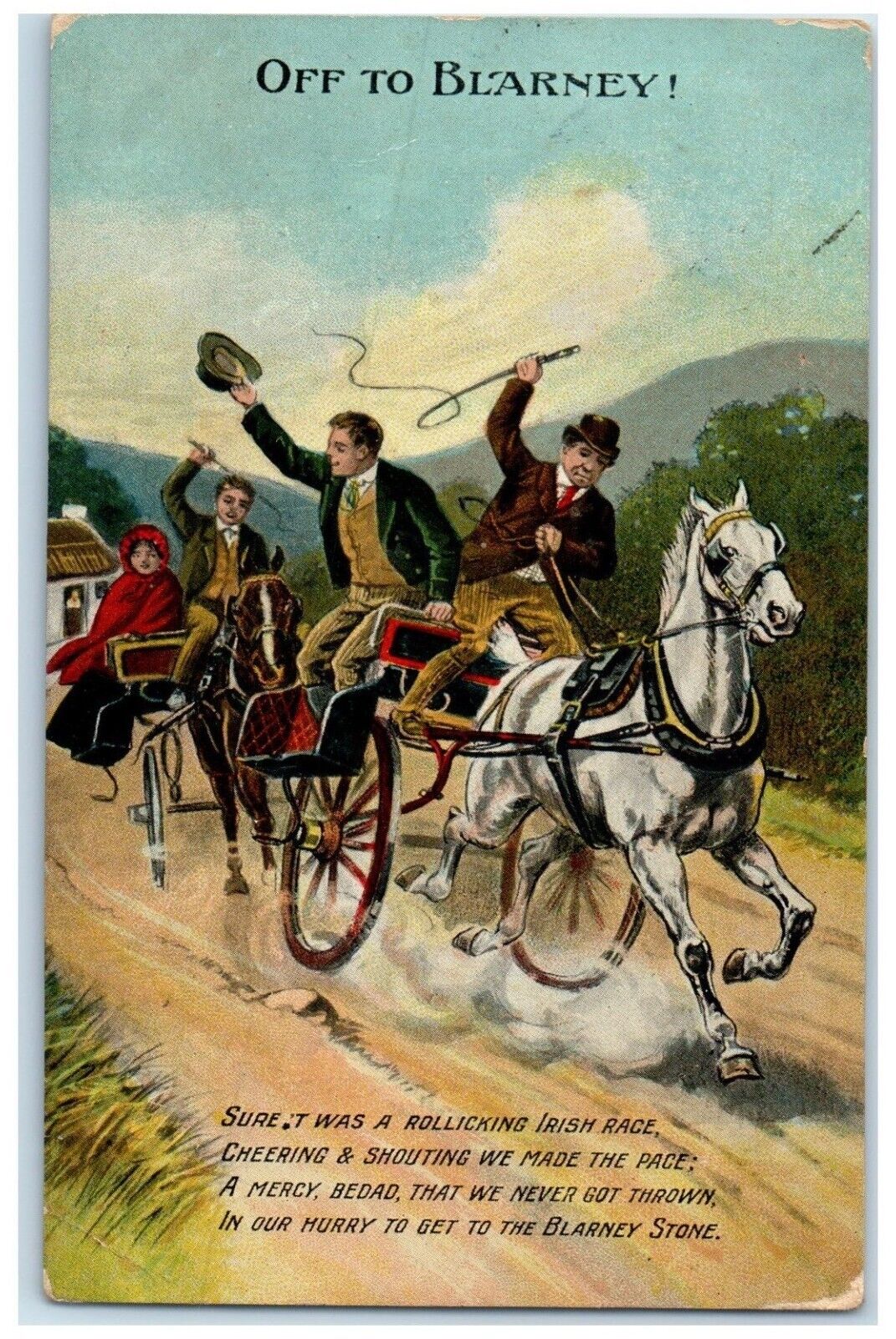 1910 Horses Racing Off To Blarney Rollicking Irish Race Ireland Posted Postcard