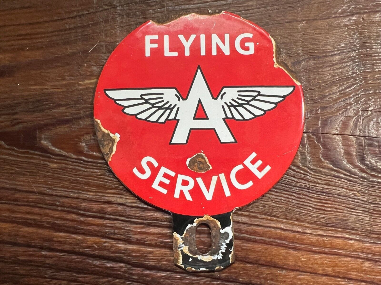 1950\'S FLYING A SERVICE VINTAGE LICENSE PLATE TOPPER PORCELAIN VERY RARE 