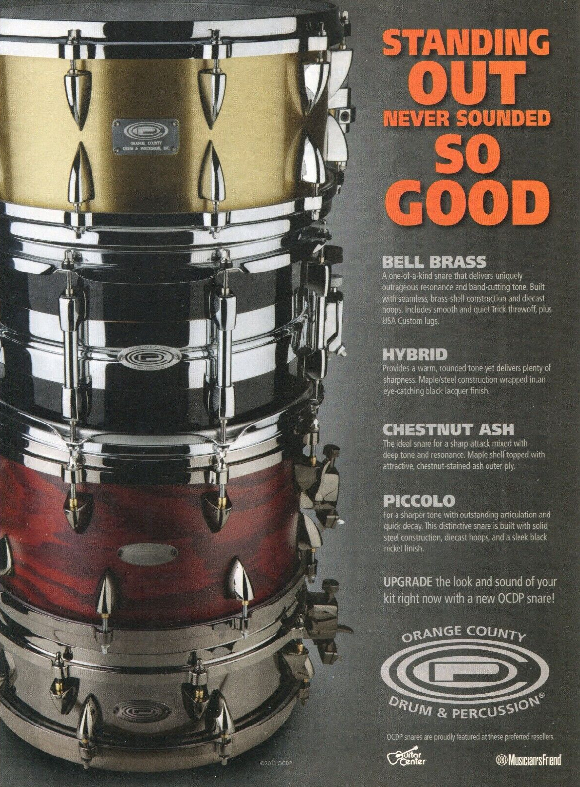 2013 Print Ad of OCDP Orange County Drum & Percussion Snare Drums