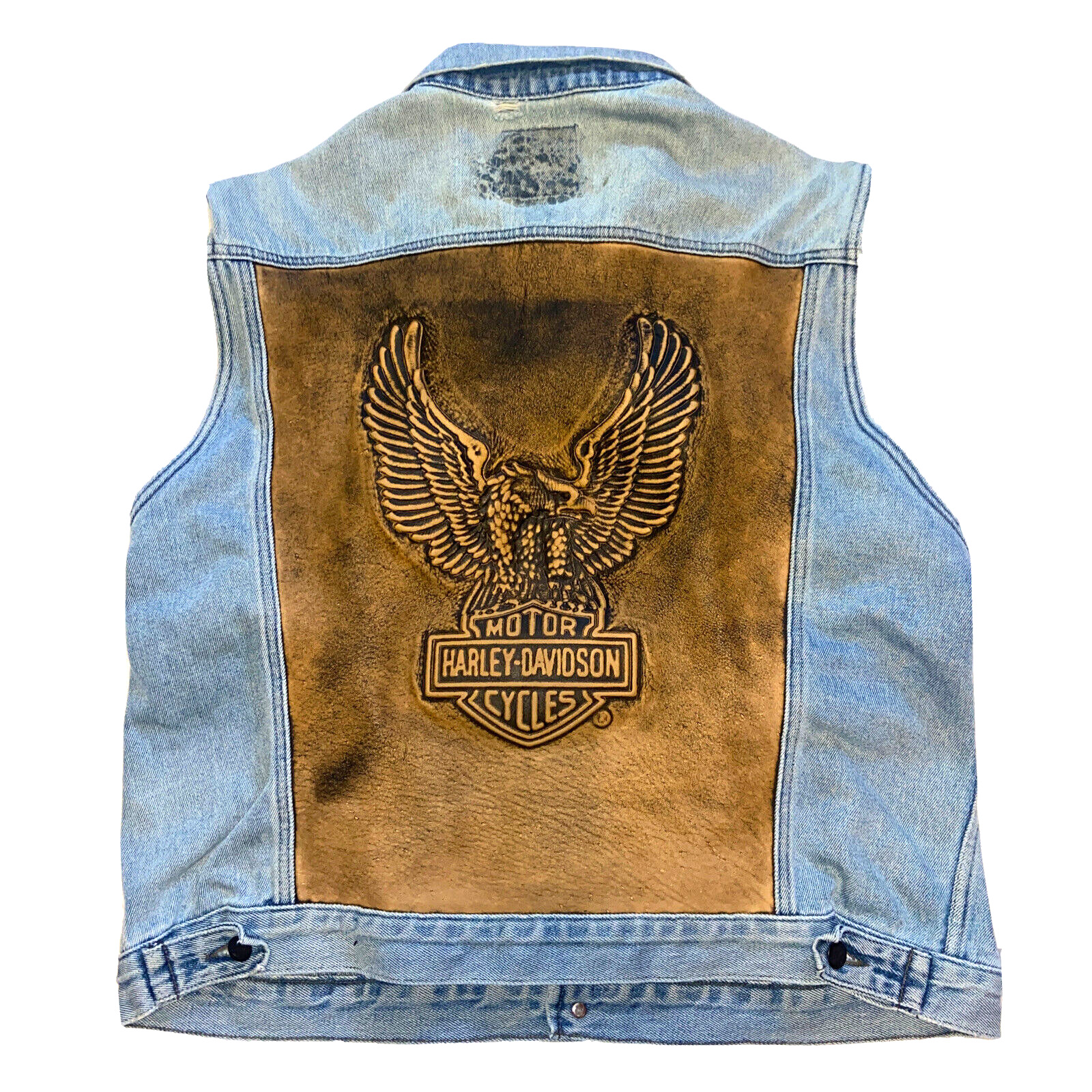 HARLEY DAVIDSON Denim Vest VTG Biker Blues Leather Embossed Insert Mens USA XL