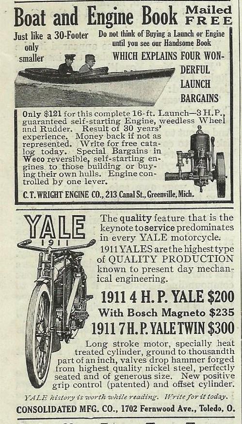 VERY RARE 1911 Yale 7 HP Twin Motorcycle & CT Wright Boat Engine Print-Ad