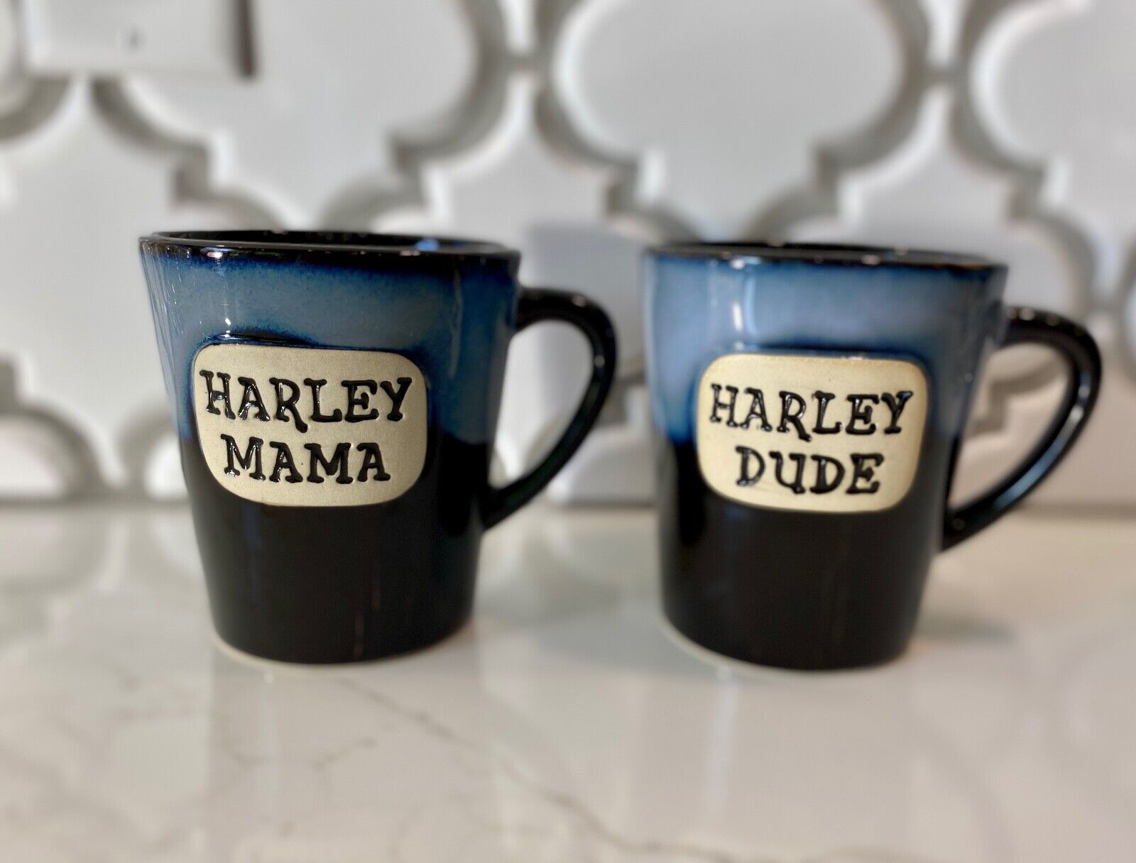 Harley Mama Dude Mug Coffee Tea Harley-Davidson Motorcycle Ganz Blue Black Set 2
