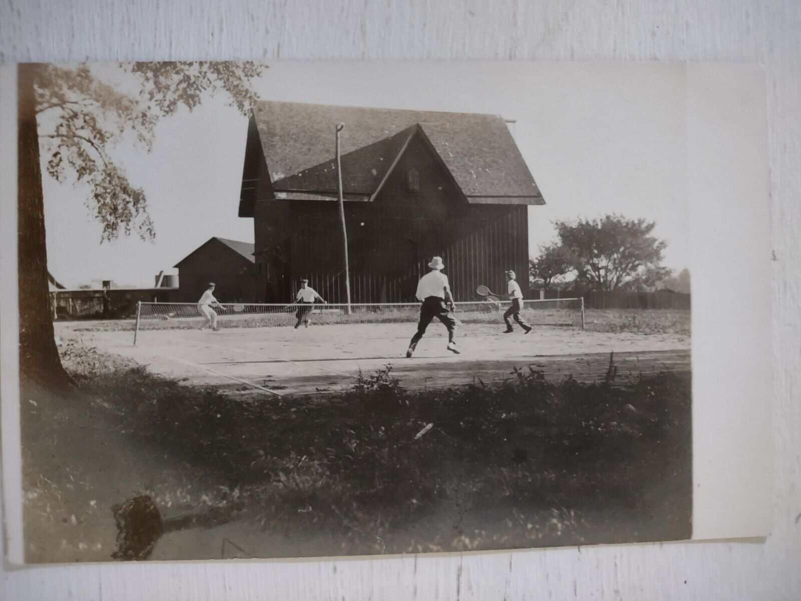 Vintage Photo Postcard - Men Playing Tennis in Front of Barn