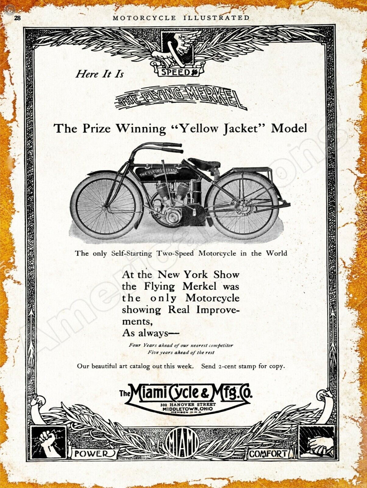 1913 Miami Cycle Co. Flying Merkel Motorcycle New Metal Sign: Middletown, Ohio
