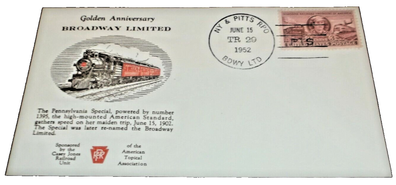JUNE 1952 PRR BROADWAY LIMITED GOLDEN ANNIVERSARY ENVELOPE TRAIN #29 RPO