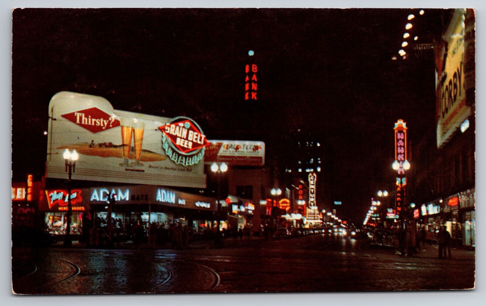 Night View 7th Street Minneapolis Minnesota Grain Belt Beer Neon Sign c1950 PC