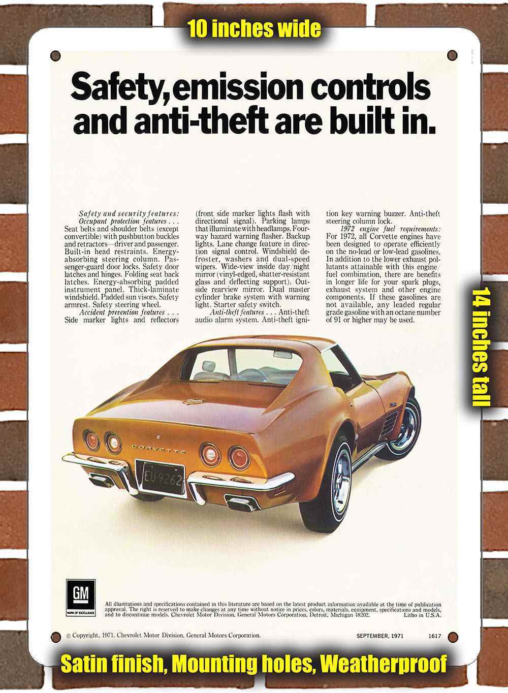 Metal Sign - 1972 Chevrolet Corvette 6C _- 10x14 inches