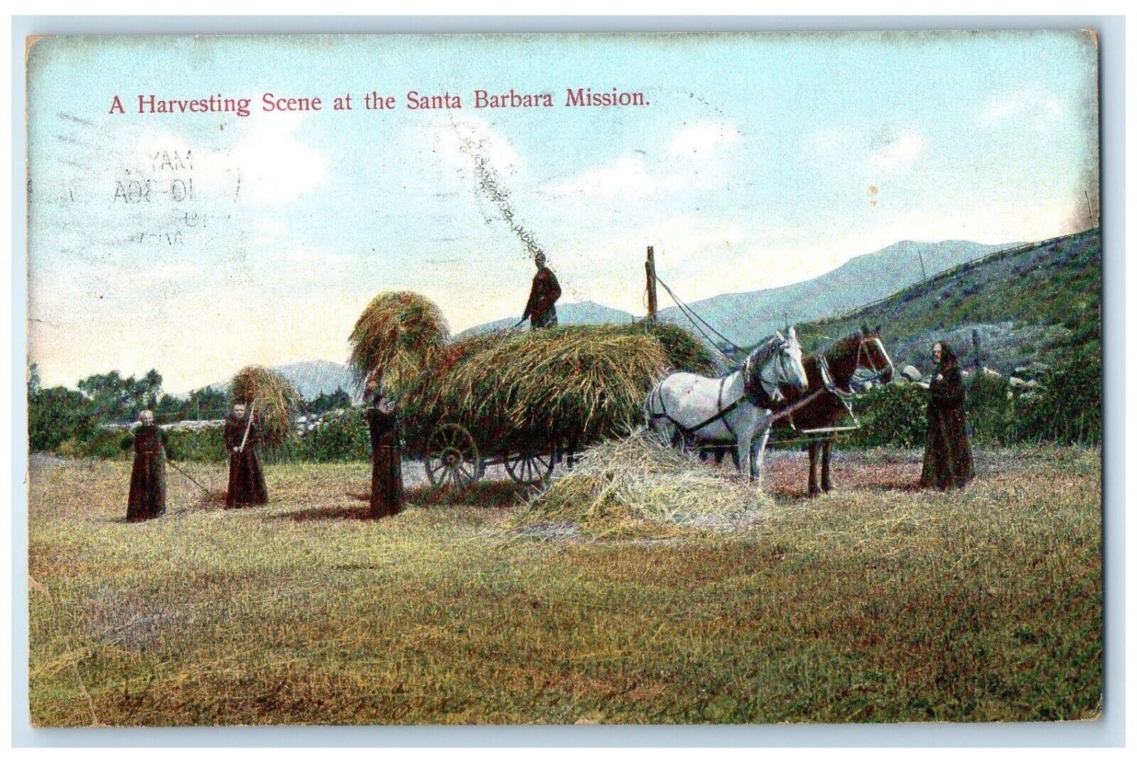 1907 Horse Carriage Harvesting Scene Santa Barbara Mission California Postcard