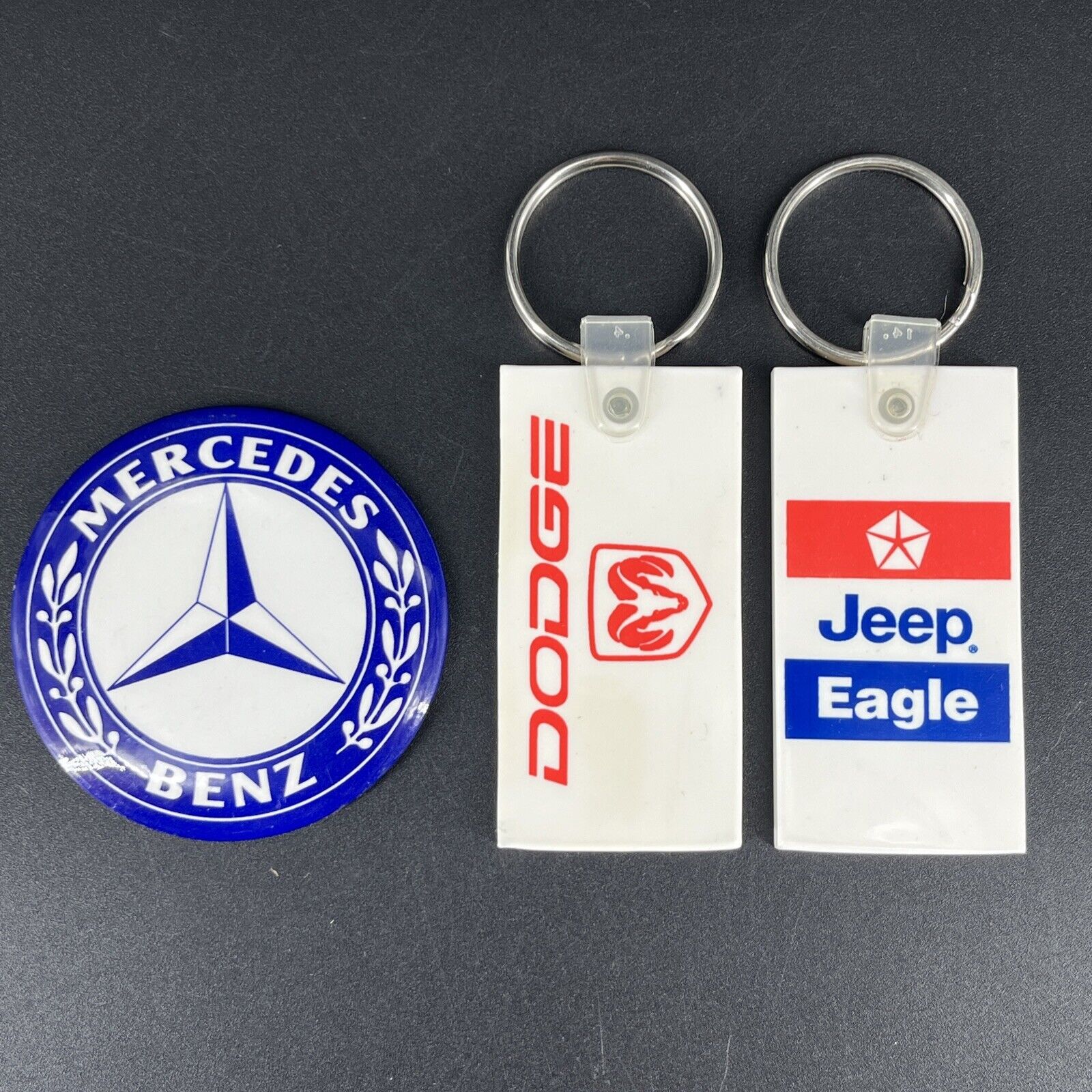 Vintage Advertising Jeep Eagle & Dodge Rubber Keychains + Mercedes Benz Magnet