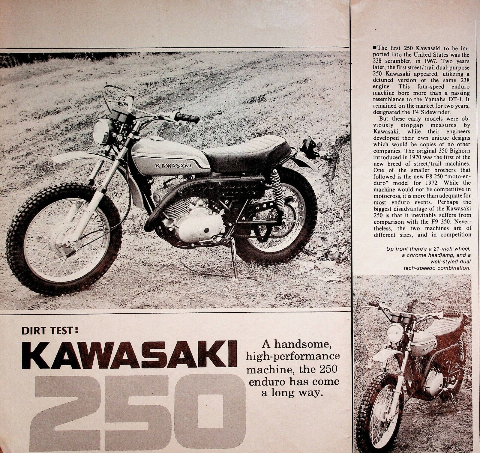 1972 Kawasaki 250 Enduro Dirt Test - 6-Page Vintage Motorcycle Article