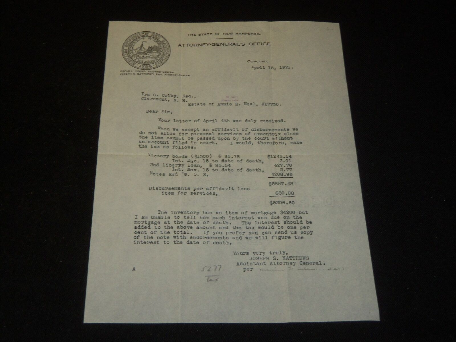 1921 NEW HAMPSHIRE ATTORNEY GENERAL'S OFFICE TYPED LETTER - J 5367