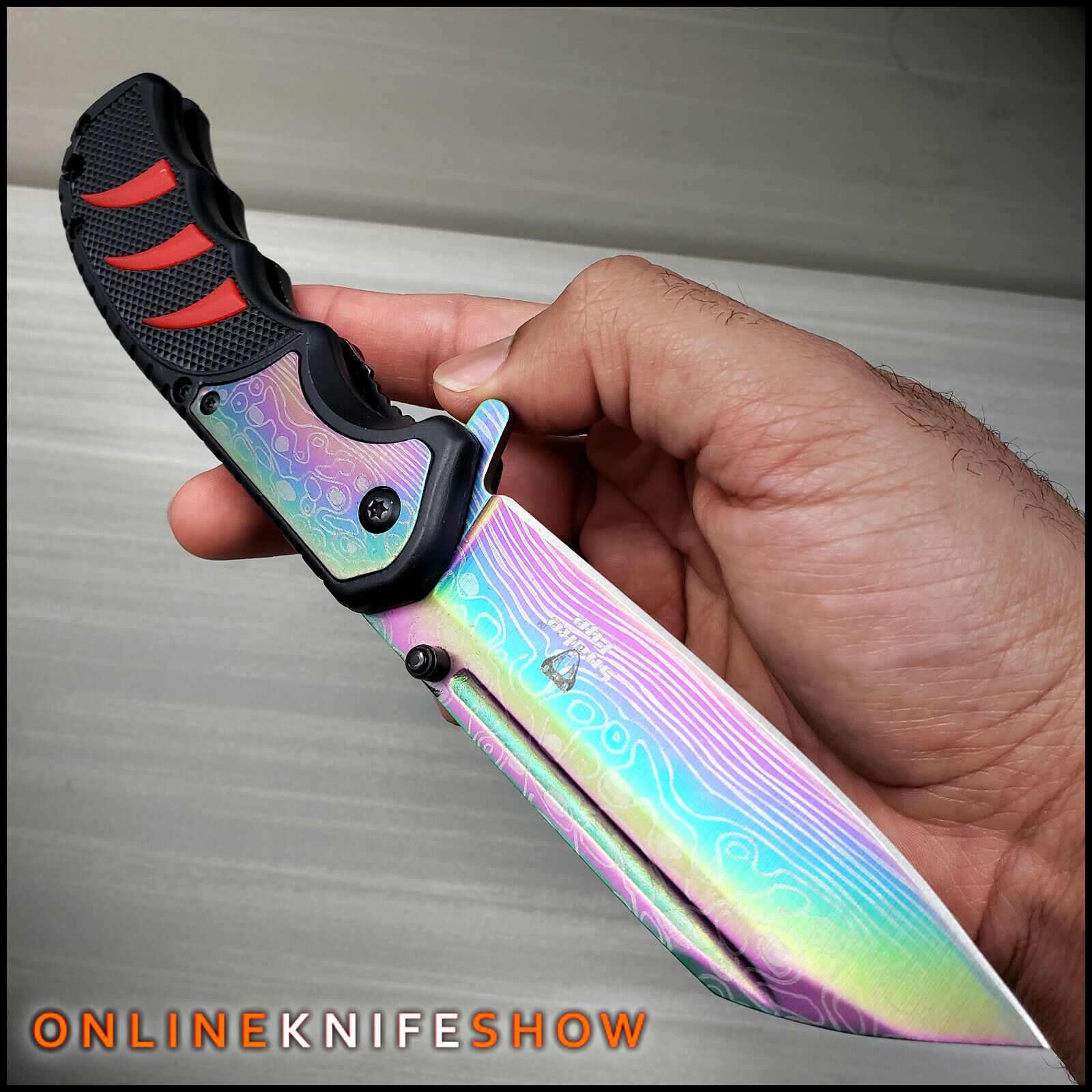 SPRING TACTICAL ASSISTED POCKET KNIFE Rainbow Folding Cleaver Razor Etched Blade