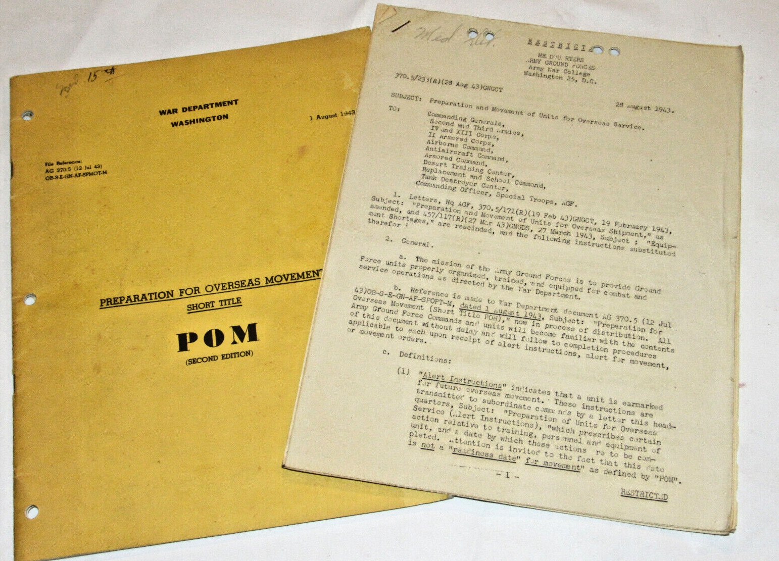 VTG 1943 WWII MANUAL 'PREPARATION FOR OVERSEAS MOVEMENT, POM' & RESTRICTED SUPPL