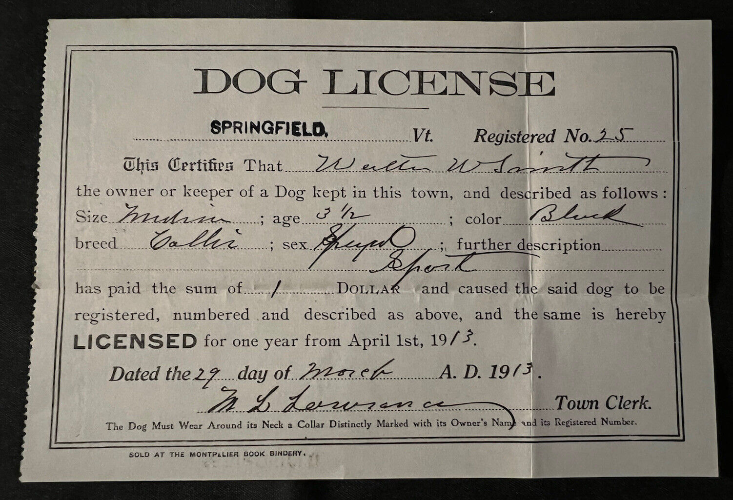 Vtg Authentic 1913 Paper DOG License COLLIE SPRINGFIELD Vermont - The Simpsons