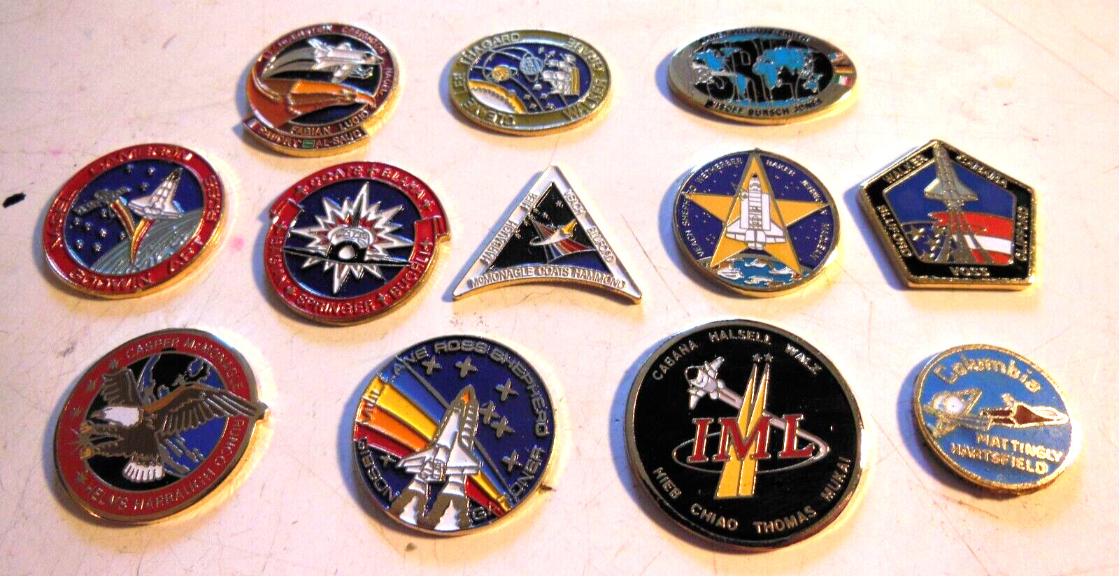 NASA Space Shuttle METAL ENAMELED Lot of 12 diff. Columbia- crew names crafts