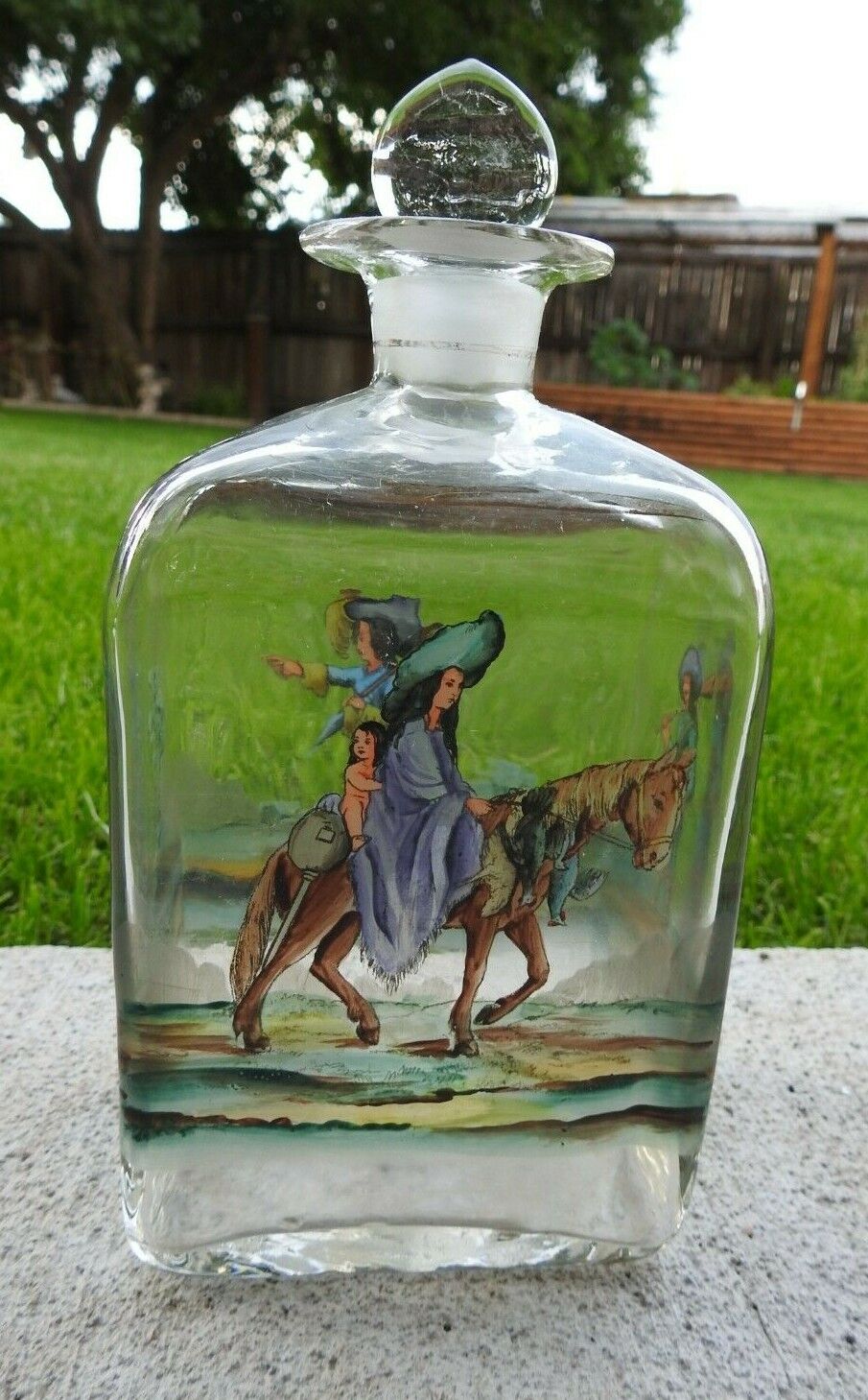 Hand Painted Decanter With Stopper Featuring Different Horse and People Scenes 