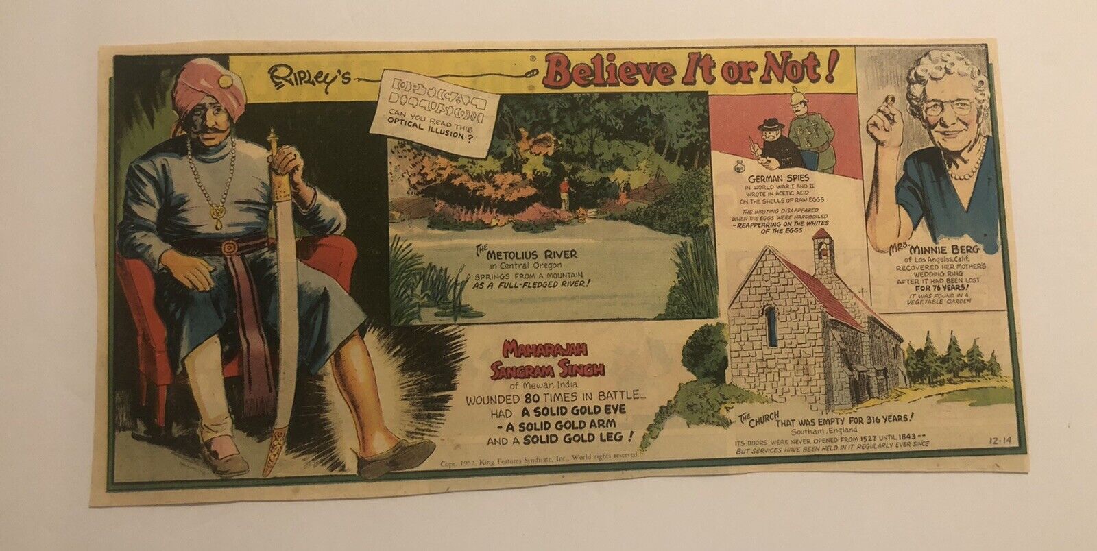 1950’s Ripley’s Believe It or Not Newspaper Comic Strip “India Man Gold Arm”