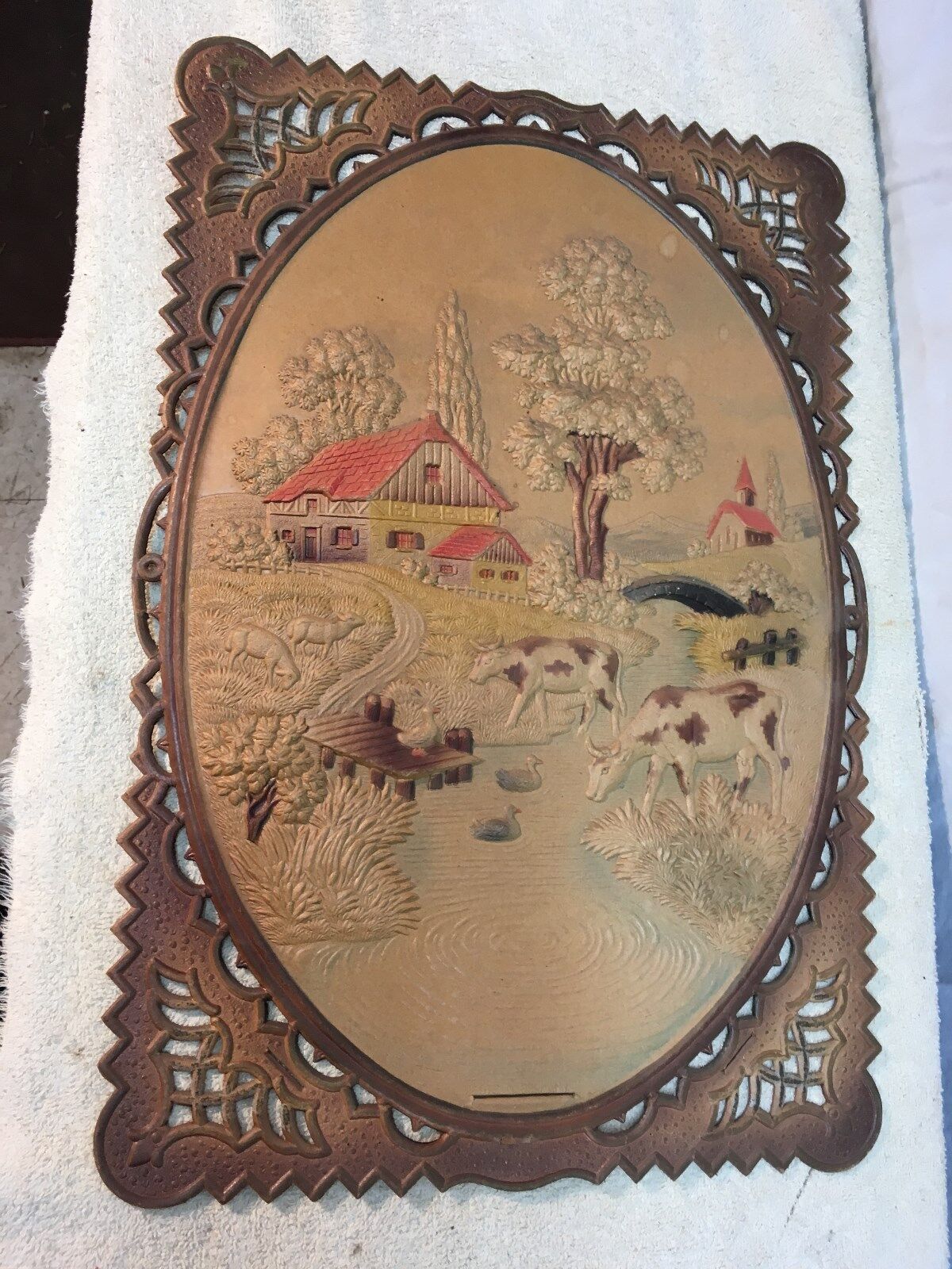 Vintage Large Germany  Die-Cut Farm Scene Cattle Grazing with Sheep Ducks 18x13
