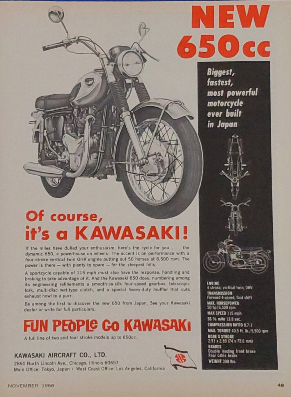 1966 KAWASAKI 650cc MOTORCYCLE ORIGINAL COLOR PRINT AD \