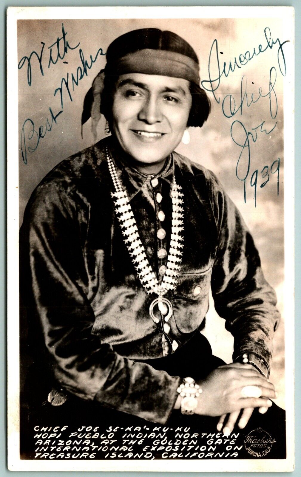 RPPC Chief Joe Sekakuku A Hopi Pueblo GGIE Autographed  Frashers Postcard J12