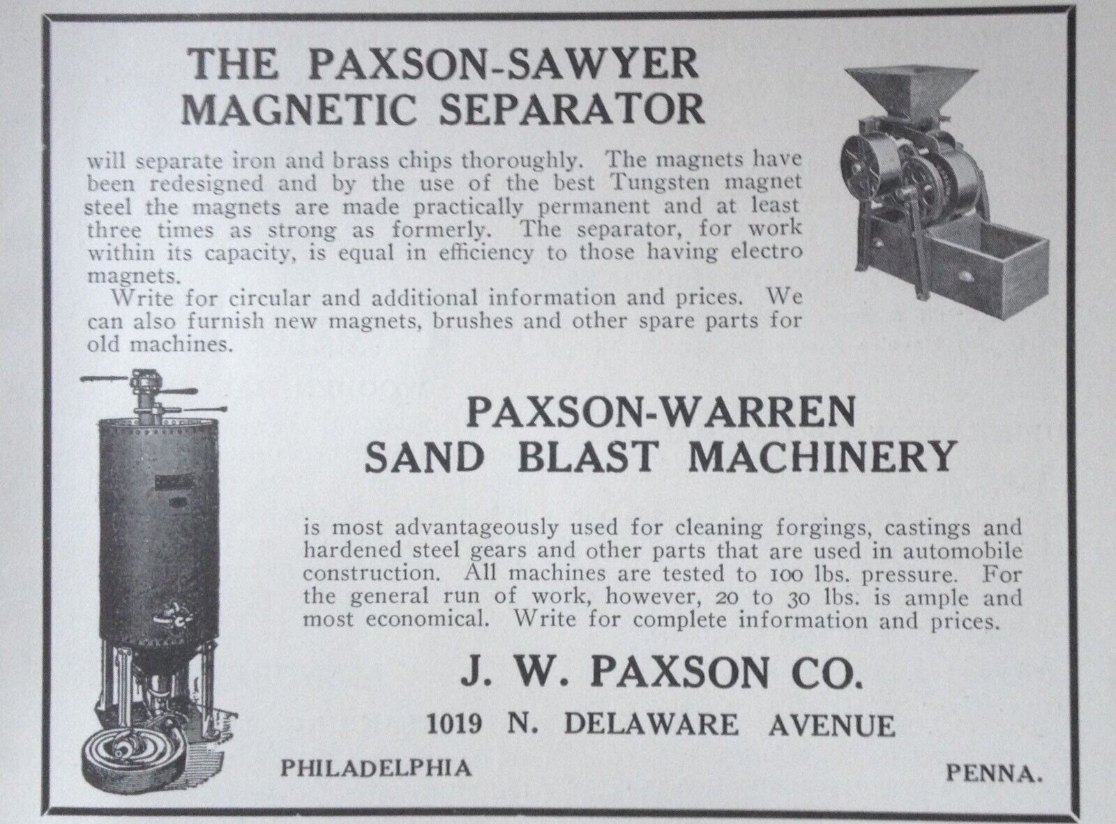 1914 AD(K23)~J.W. PAXSON CO. PHIL., PA. PAXSON-SAWYER MAGNETIC SEPARATOR