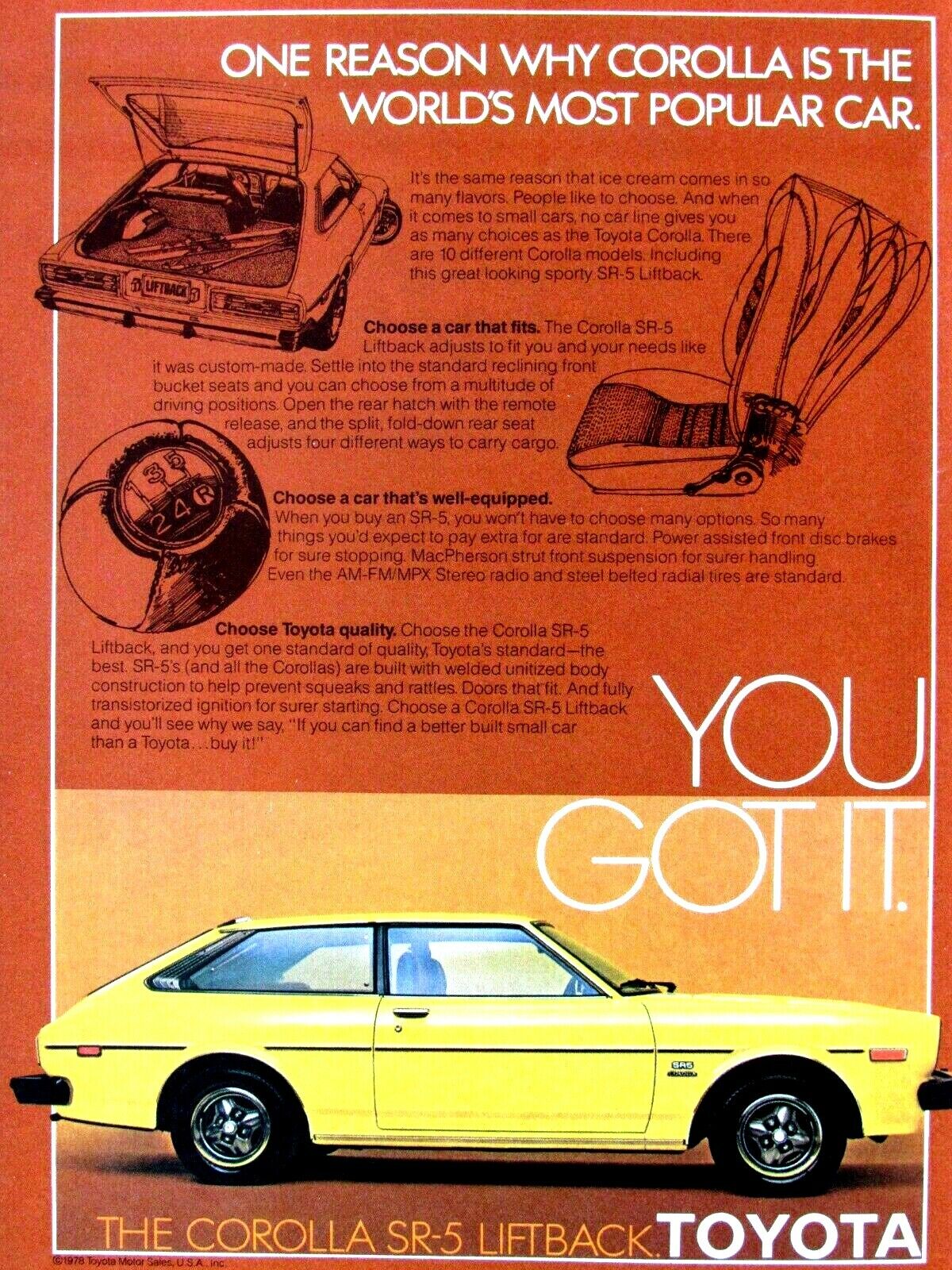 1978 Toyota Corolla SR 5 Liftback Original Print Ad 8.5 x 11\
