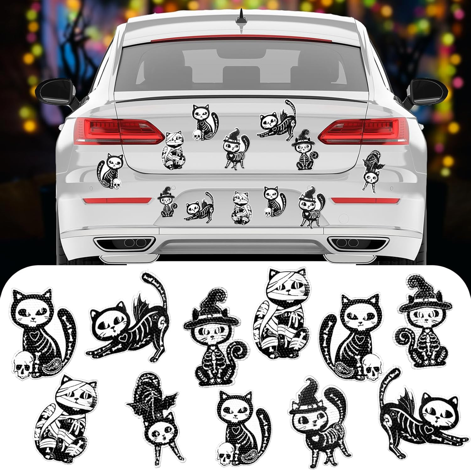 16PCS Halloween Car Magnets Skeleton Black Cat Reflective Magne Spooky Car Acces