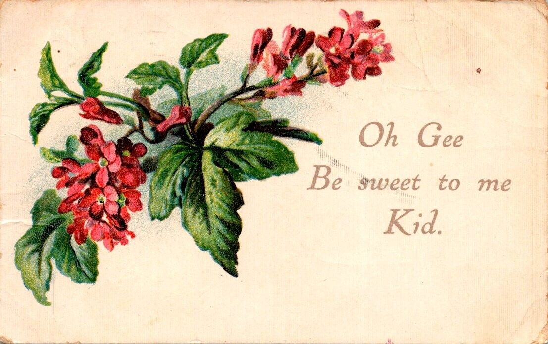 vintage postcard - Oh Gee Be sweet to me Kid pink flowers posted 1910