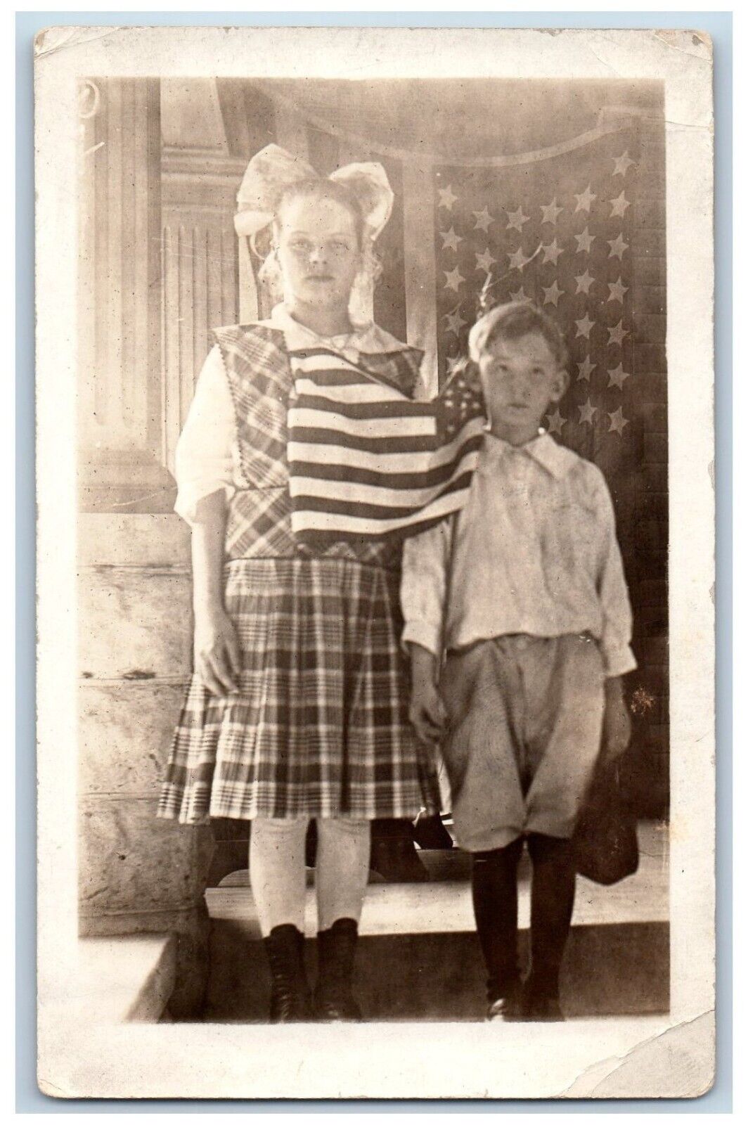 Patriotic Postcard RPPC Photo Children American Flag 4th July c1910\'s Antique