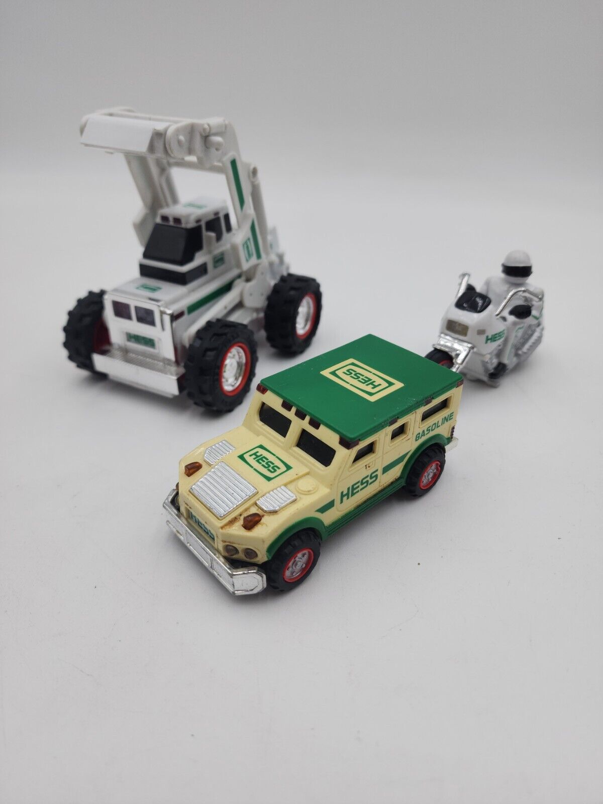 Hess Toy Lot bundle Model White Green Motorcycle Front Loader and Humvee Car Lot