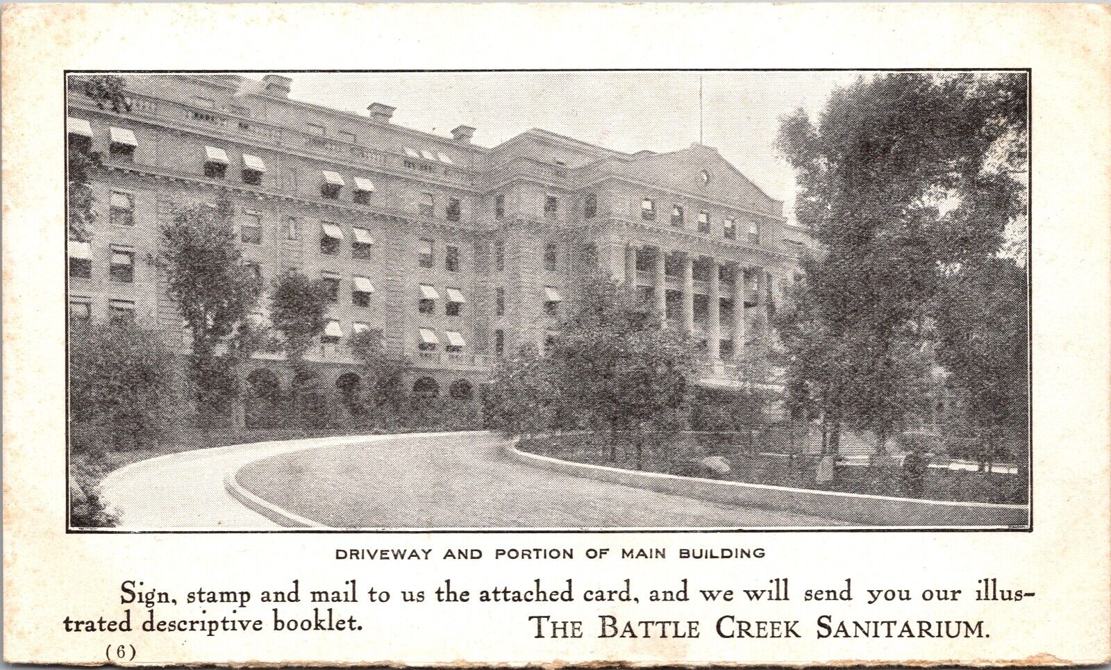Postcard Driveway & Portion of Main Building Battle Creek Sanitarium, Michigan