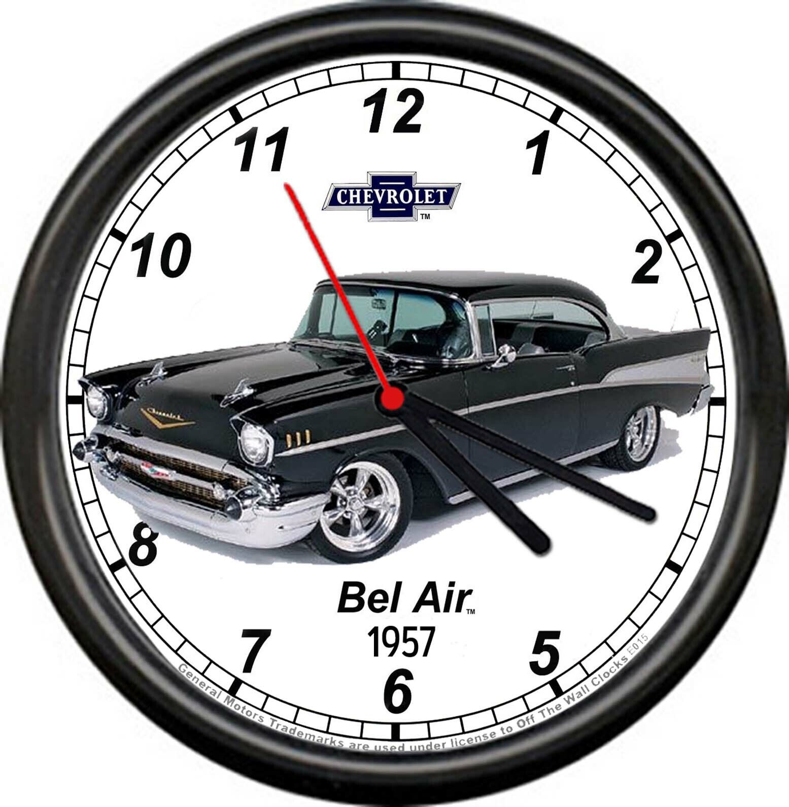 Licensed 1957 Chevy Bel Air Belair Sedan Black General Motors Sign Wall Clock