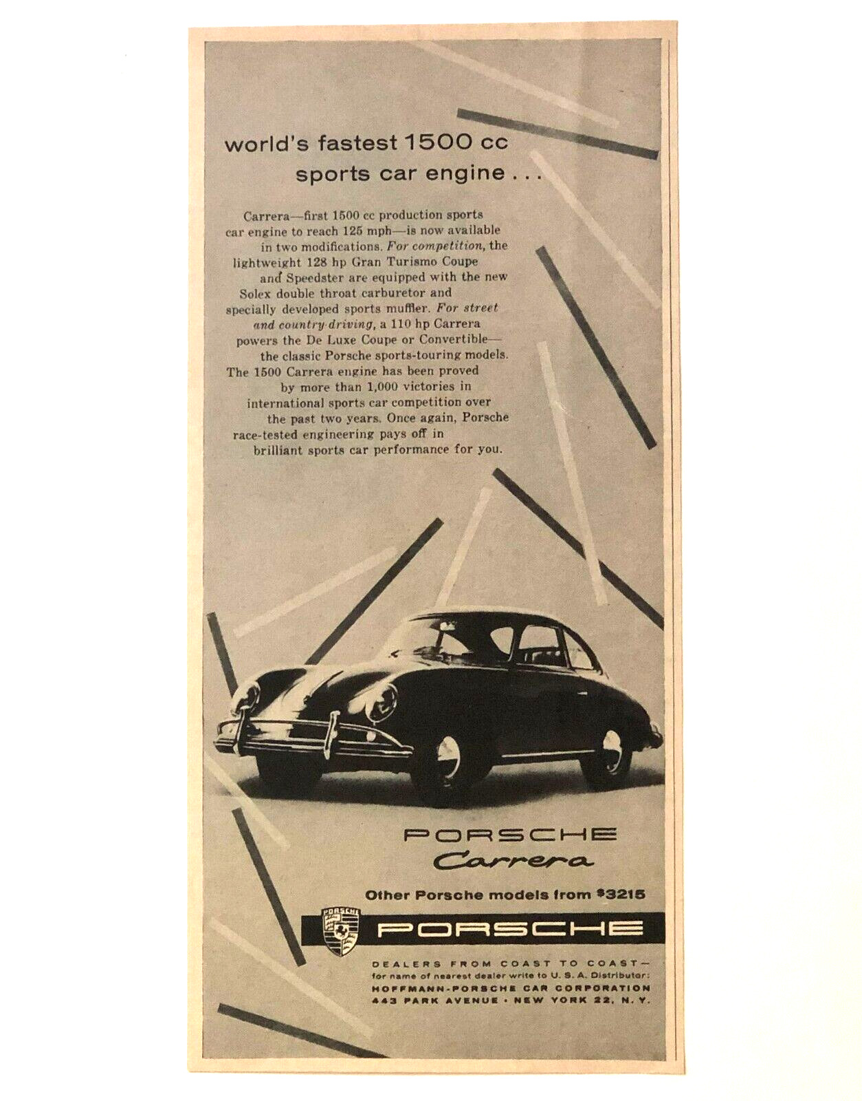 1957 Porsche Carrera Advertisement Fastest 1500 CC Sports Car Vintage Print AD