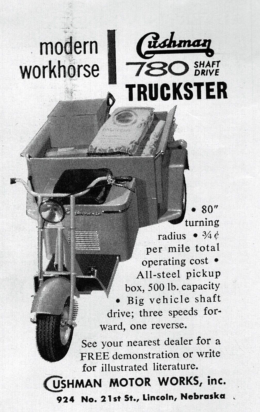 1955 Cushman 780 Shaft Drive Truckster Scooter Original Ad 