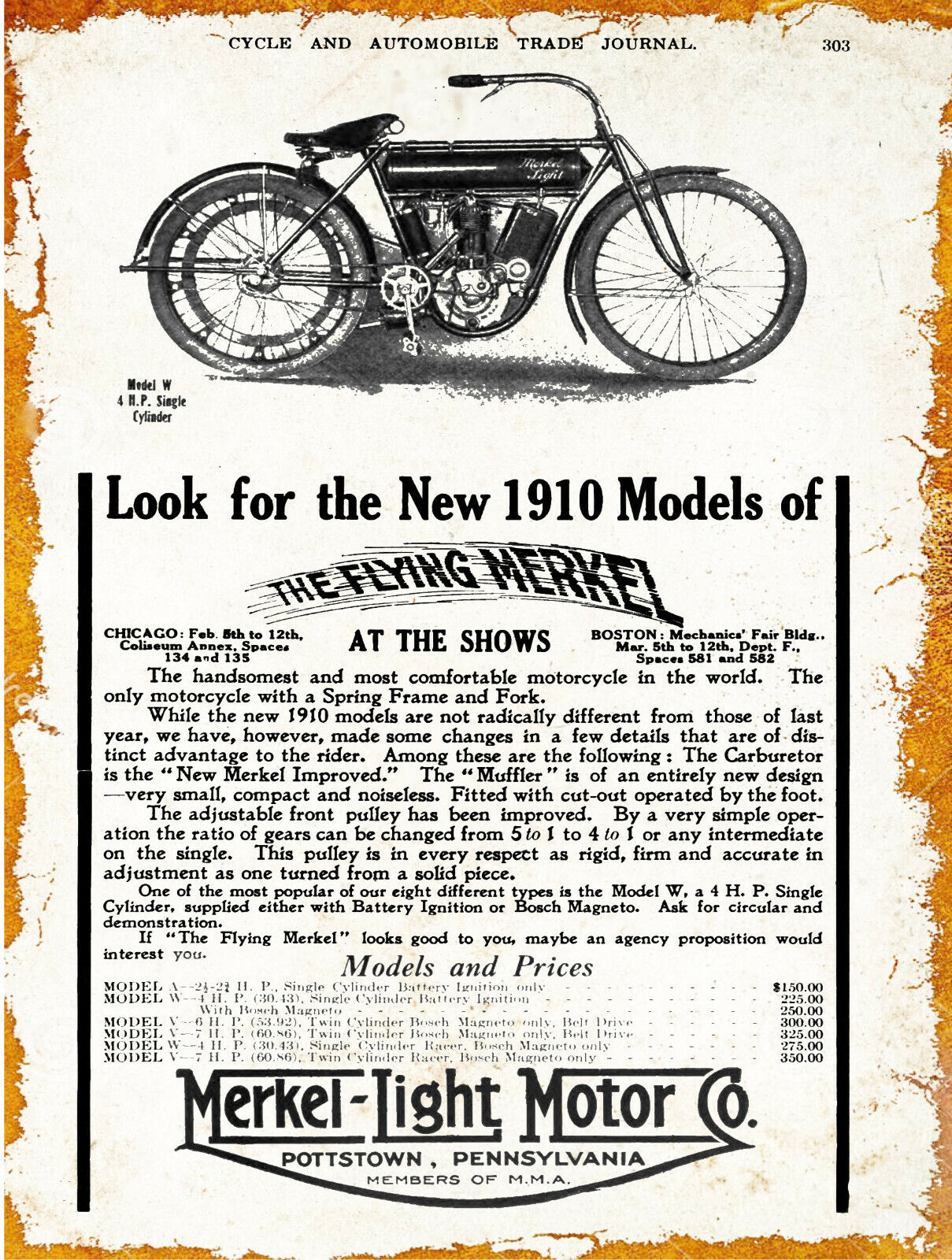 1910 Merkel Light Motor Co New Metal Sign: Flying Merkel Motorcycle Pottstown PA