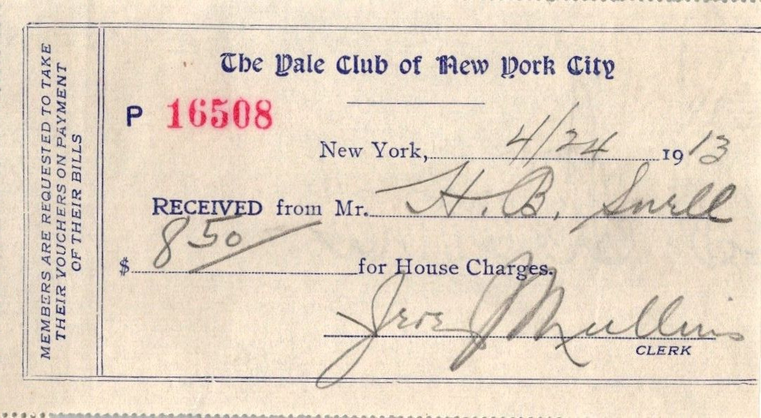 1913 YALE UNIVERSITY CLUB RECEIPT NY