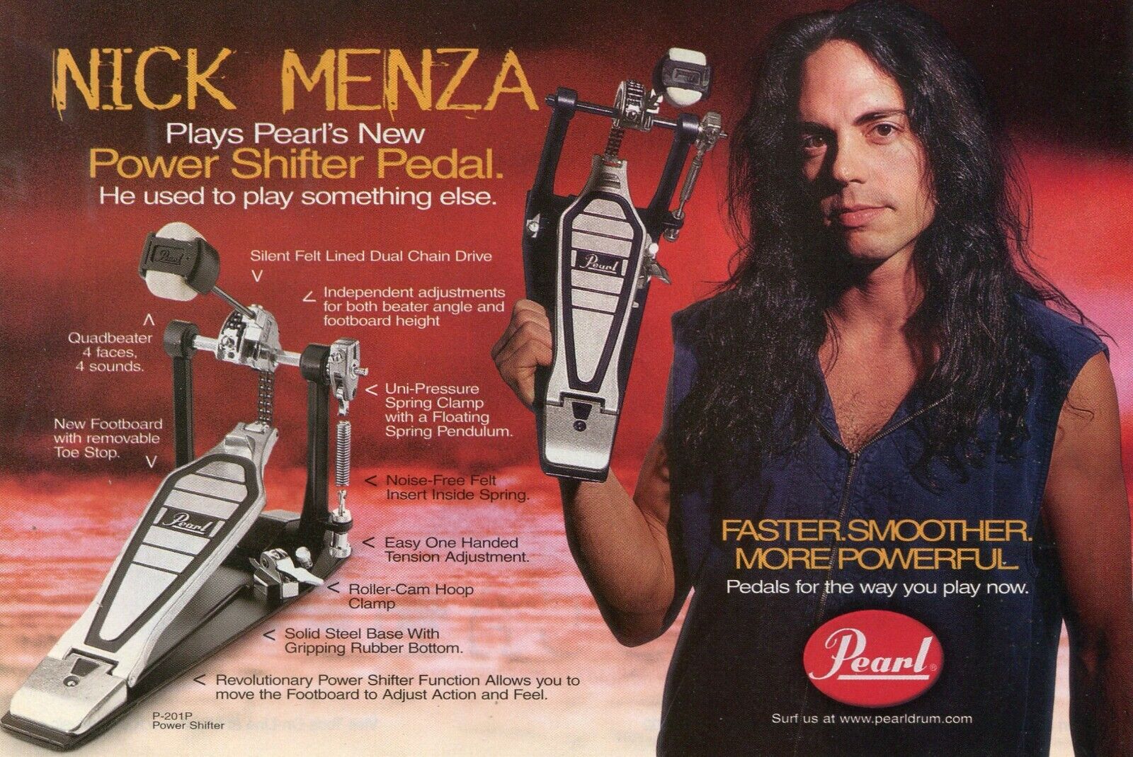 1997 small Print Ad of Pearl Power Shifter Drum Pedal w Nick Menza of Megadeth