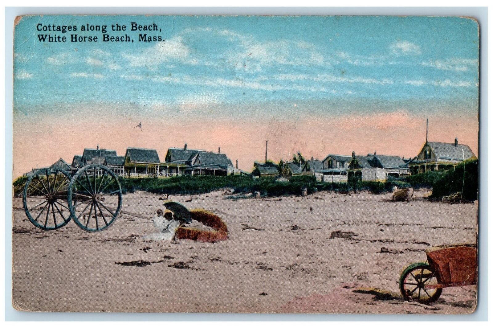 1919 Cottages Along The Beach View Wheel Boat Kids White Horse Beach MA Postcard