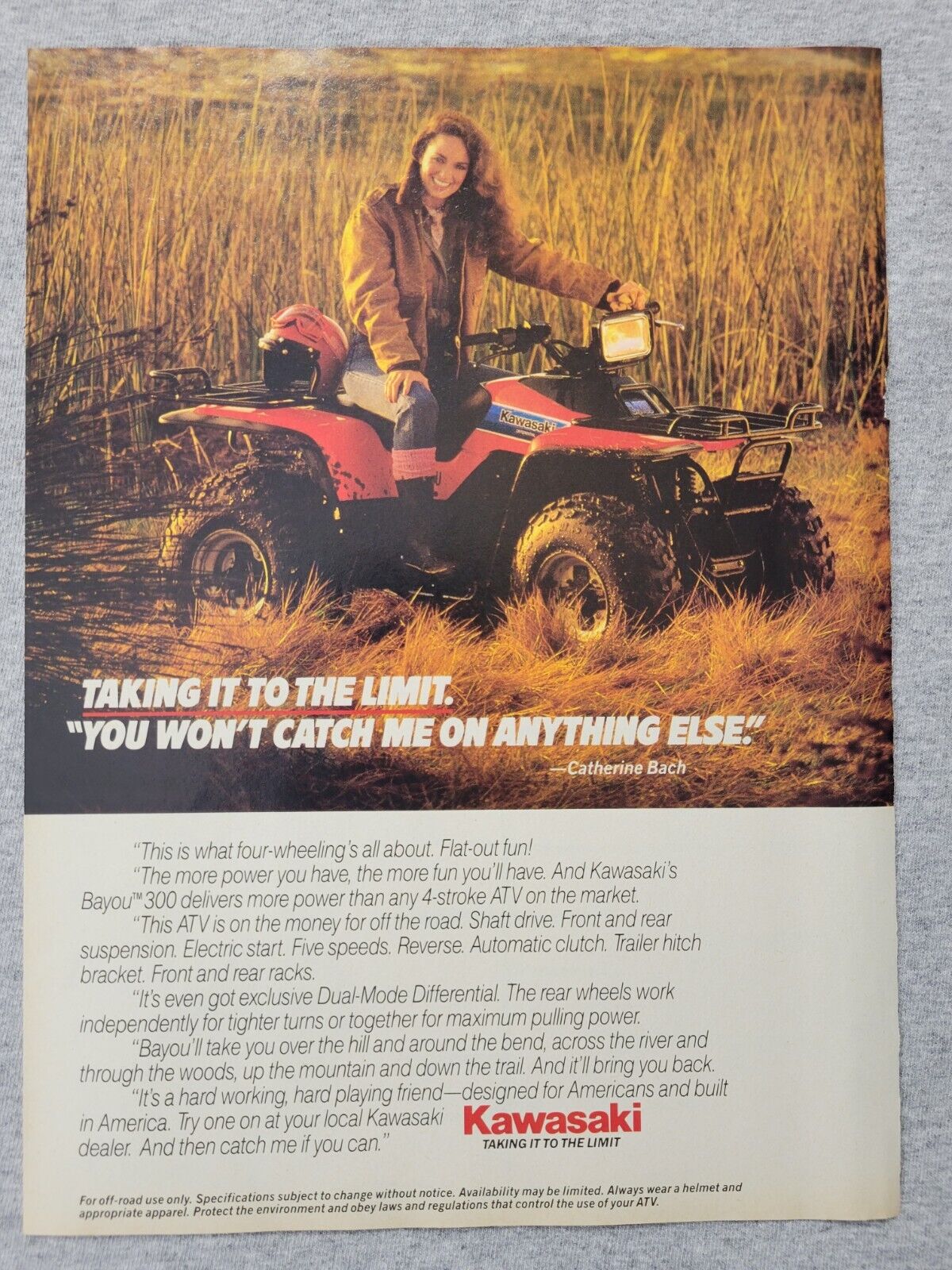 1985 Magazine Advertisement Page Kawasaki Bayou 300 4 Wheeler Catherine Bach Ad