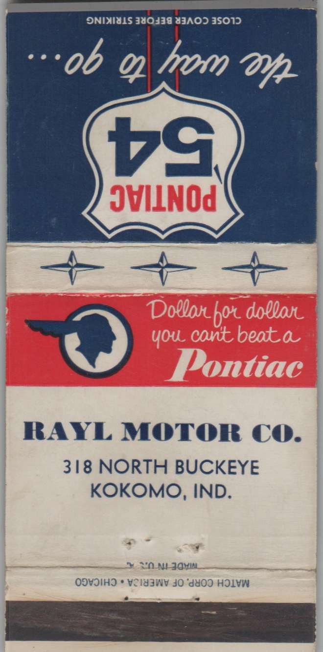 Matchbook Cover - 1954 Pontiac Dealer - Rayl Motor Co. Kokomo, IN