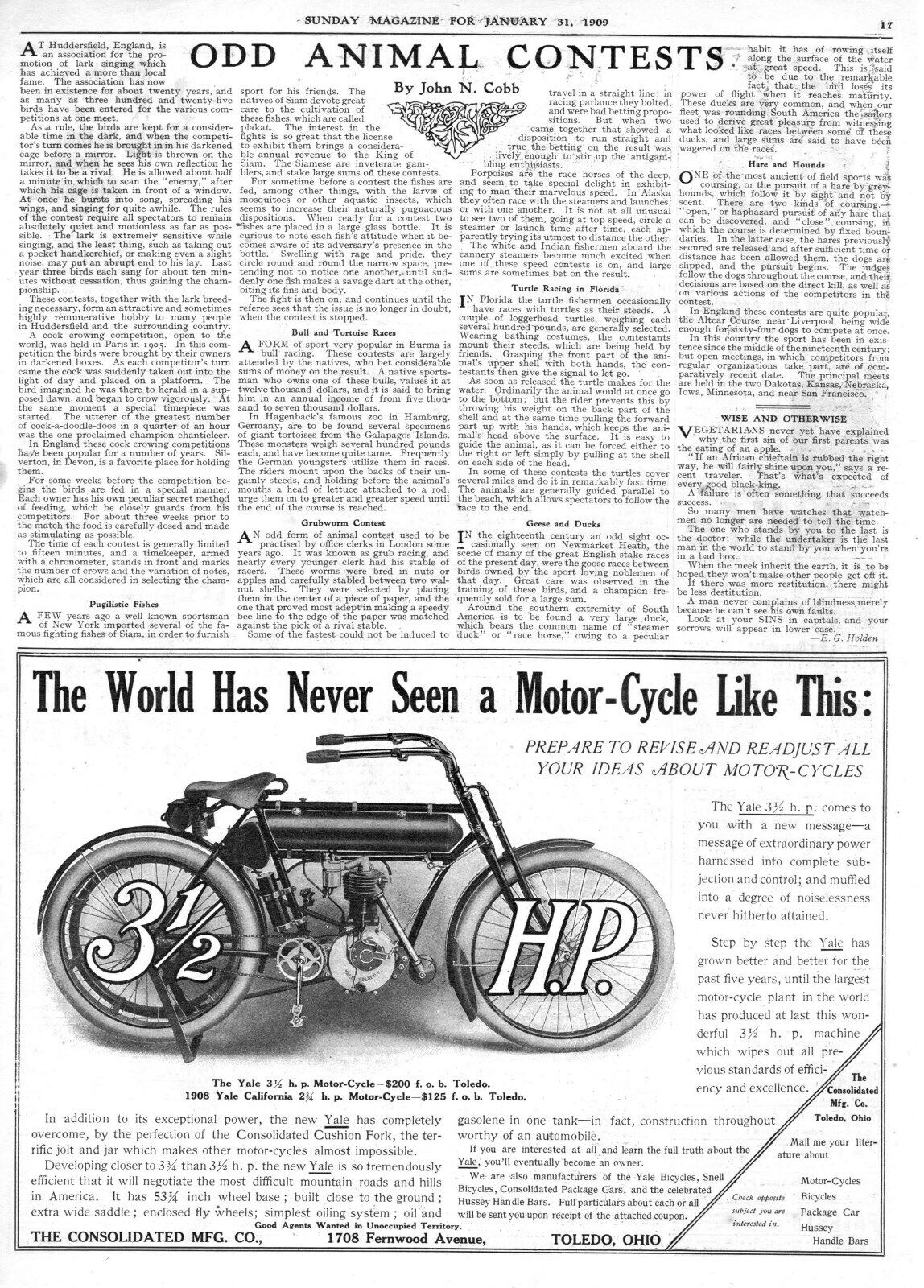 1908 Yale California Motor Cycle -  Consolidated Mfg.  Co., Toledo, Ohio  - 1908