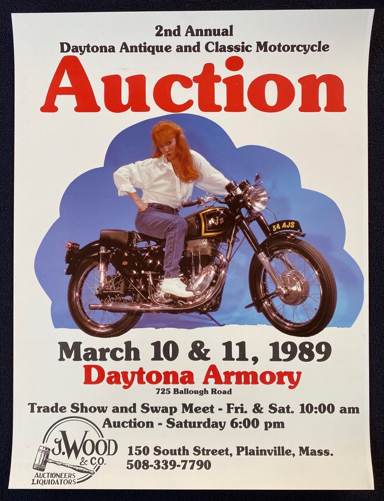 1989 Daytona Antique & Classic Motorcycle Auction Poster 1954 AJS Model 16