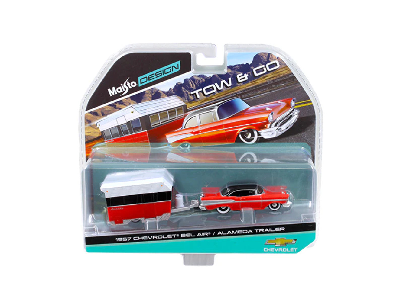 1957 Chevrolet Bel Air with Alameda Trailer Red Tow & Go 1/64 Diecast Model
