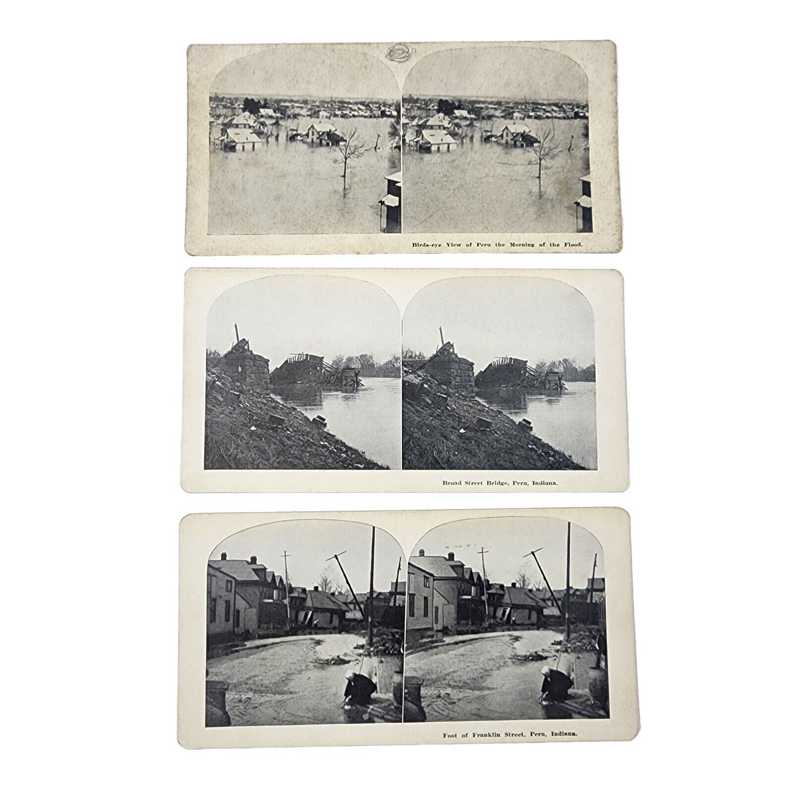 Great Flood of 1913, Peru Indiana, Miami County Lot of 3 Stereoview Cards