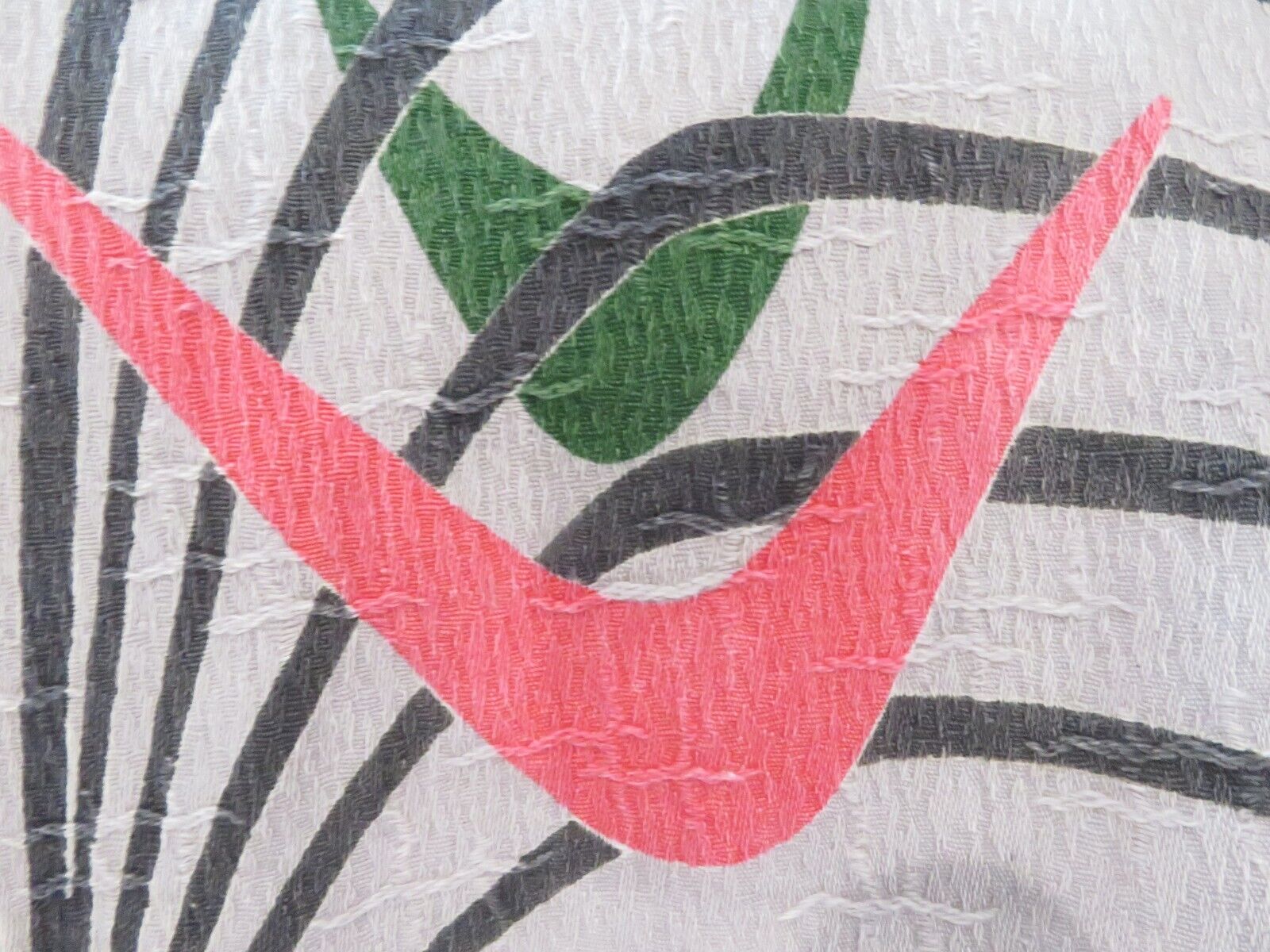 Vintage MCM Boomerang on Dove Grey Barkcloth Drapery Fabric  VAT  Coral & Green
