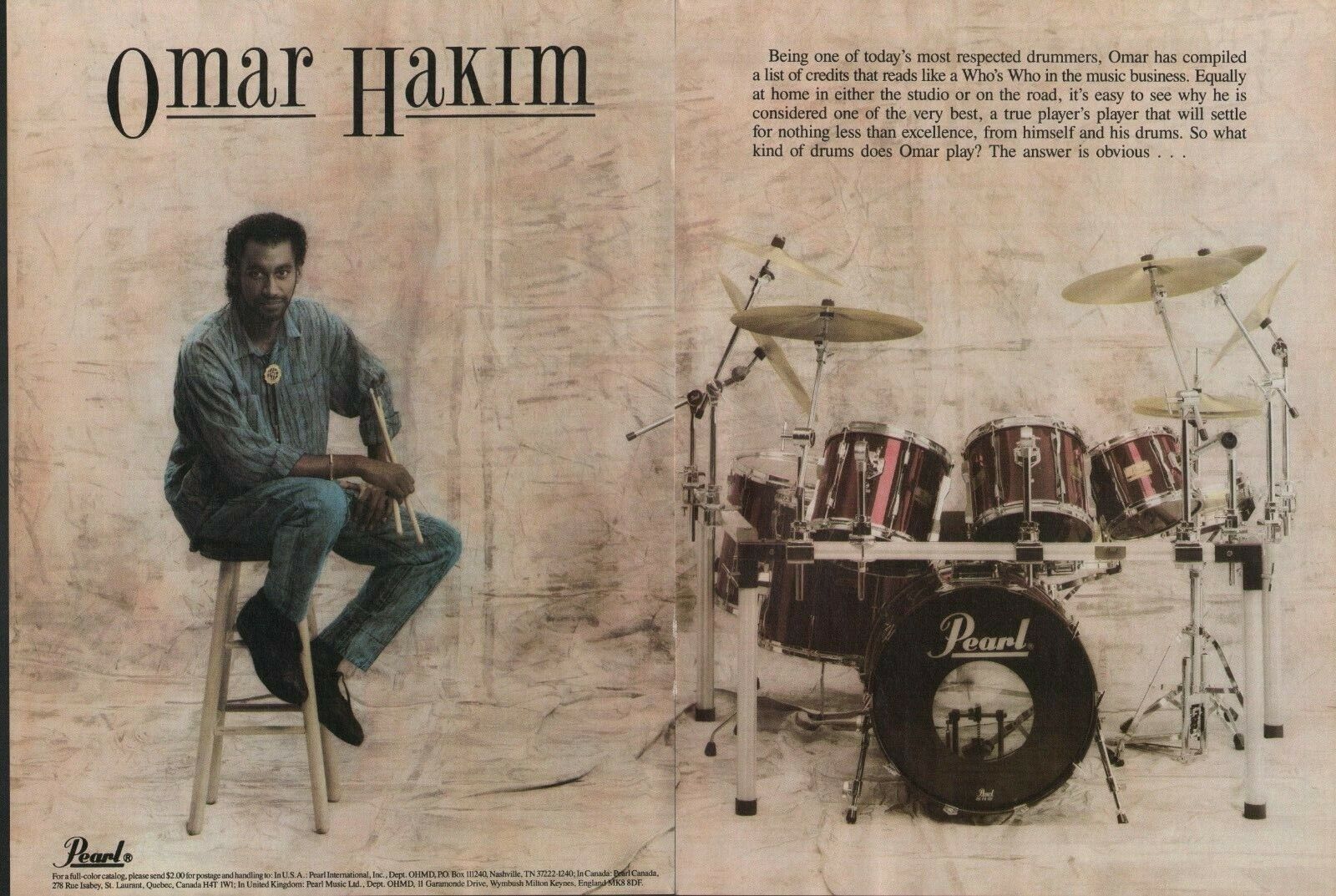 1987 2pg Print Ad of Pearl Drums w Omar Hakim