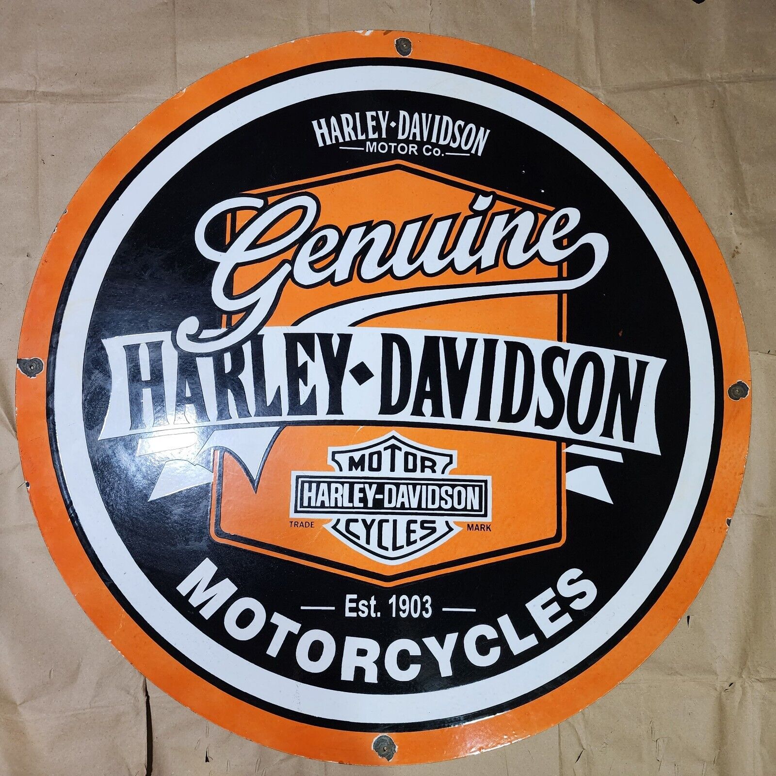 HARLEY GENUINE MOTORCYCLES PORCELAIN ENAMEL SIGN 45 INCHES ROUND